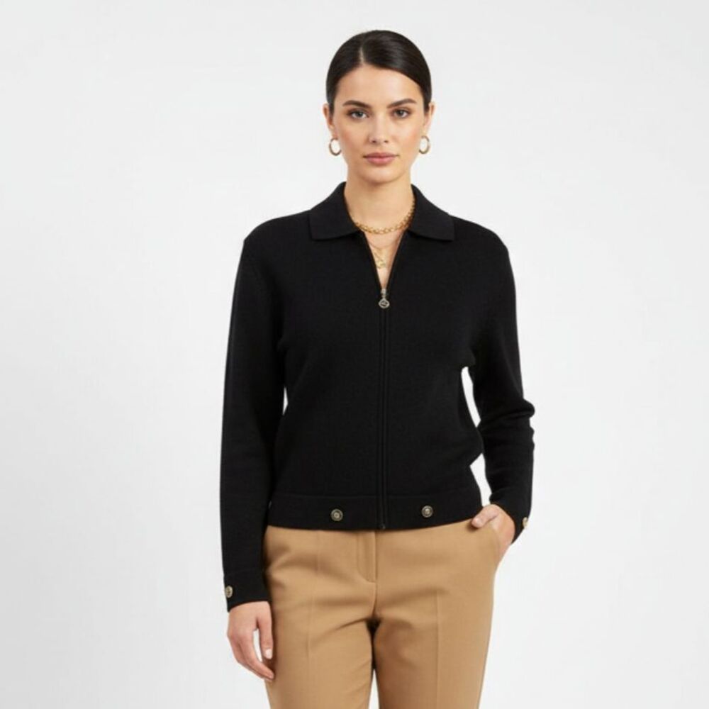 San Remo Black Woven Knit Zip Up Long Sleeve Vintage Sweater L